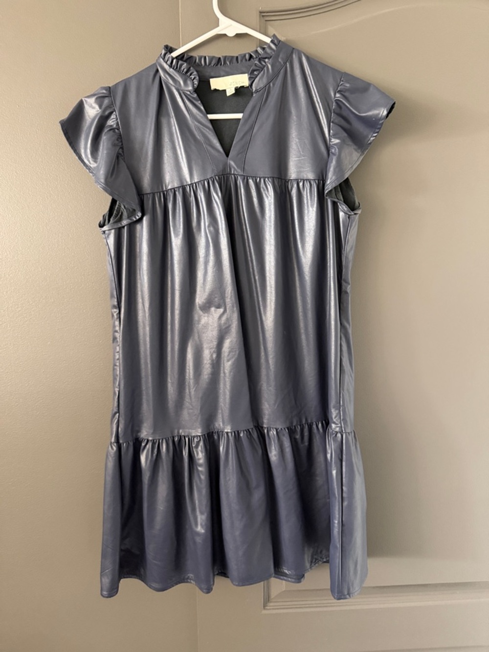 Pinch Shimmery Slate Blue Ruffle-Sleeve Dress